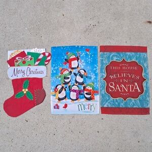 Lot of 3 Christmas Garden Yard Flags - Santa, Stocking, Penguins - Festive Home
